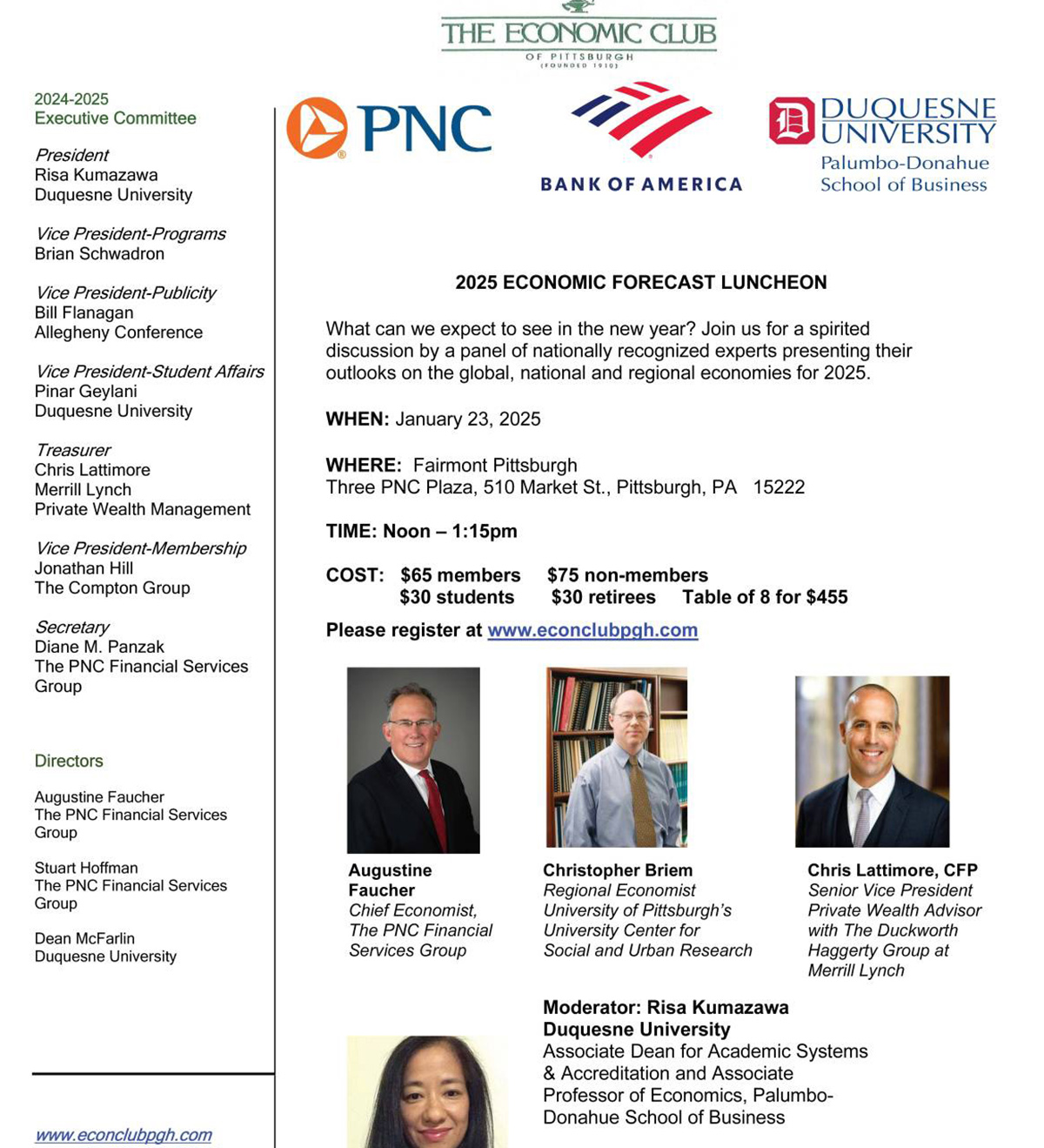 Flyer for Economic Club of Pittsburgh Event January 2025